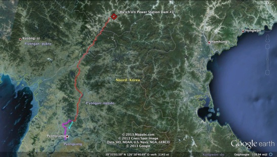 The railway route Kim Jong Il would utilized if, as Chosun Ilbo claims, he traveled from Pyongyang to the Hu'ich'o'n Power Station, then died en route (Photo: Google image; route drawn by M. Madden)