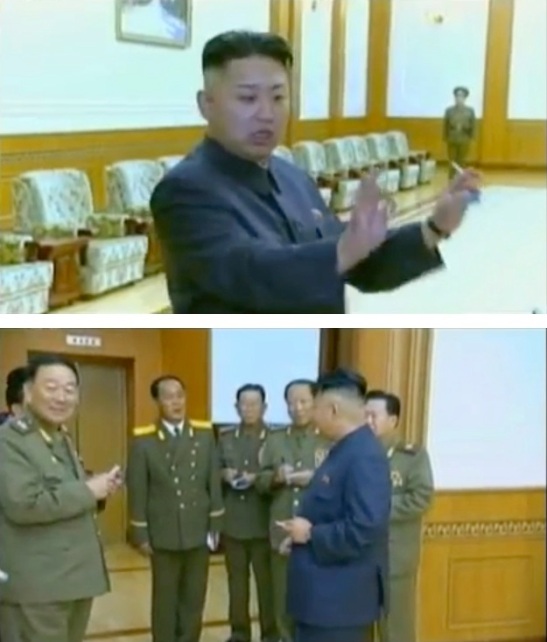 Kim Jong Un smokes a cigarette after the KPA Brass Band performance (top) and talking to officials (Photos: KCTV screengrab)