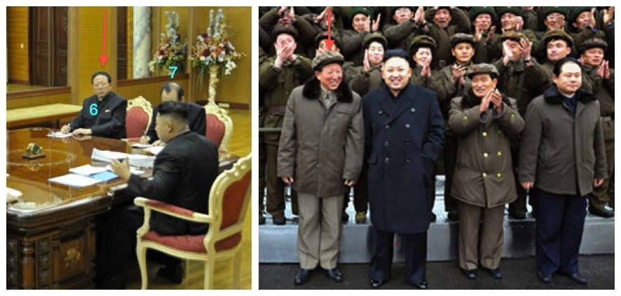 Hong Sung Mu (annotated) attends a 14 December 2012 visit with Kim Jong Un to Sohae Space Center after the 12 December 2012 U'nha-3 rocket launch, and attending a January 2013 meeting with KJU of foreign affairs and security officials (Photos: KCNA and KCTV)