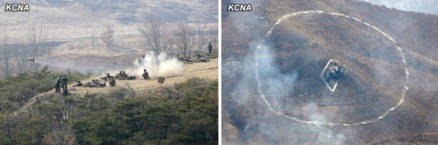 KPA service members participate in live fire artillery exercises (L) and hit a target (R) (Photos: KCNA)