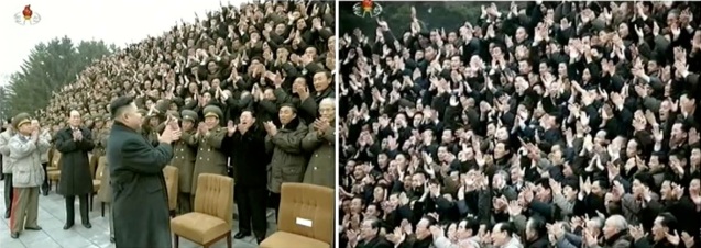 Kim Jong Un (L) applauds after a commemorative photo session with personnel involved in the DPRK's third nuclear weapons test (R) (Photo: KCTV screengrabs)