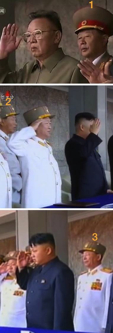 Directors of the General Staff Operations Bureau at previous military parades. 1. General Kim Myong Guk in Octoner 2010; 2. Gen Choe Pu il In April 2012; 3. Gen. Ri Yong Gil in July 2013 (Photos: CCTV, KCTV screengrabs).