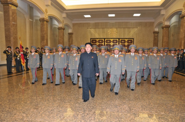 Kim Jong Un and senior KPA officials visit Ku'msusan Palace of the Sun in Pyongyang on 10 October 2013 (Photo: Rodong Sinmun).