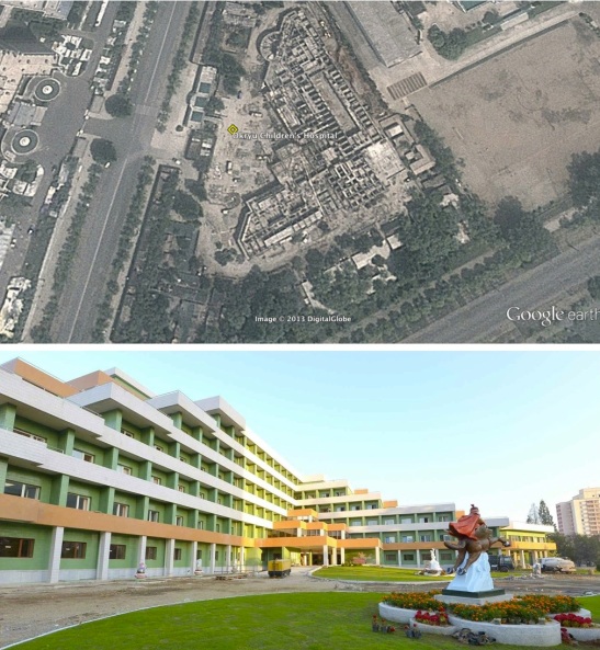Construction of the Okryu Children's Hospital in east Pyongyang in June 2013 (top) and in Rodong Sinmun in October 2013 (Photos: Google image, Rodong Sinmun).