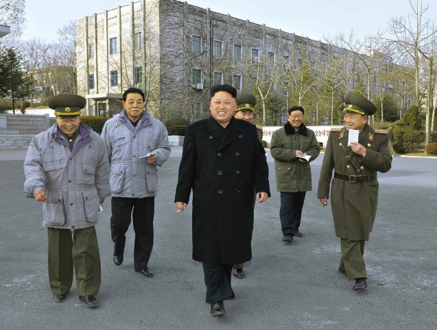 Kim Jong Un inspects the command element of KPA Unit #534.  Also seen in attendance are Director of the KPA General Political Department VMar Choe Ryong Hae (L), KWP Organization Guidance Department Senior Deputy Director Kim Kyong Ok (2nd L) and KWP Organization Guidance Department Deputy Director Hwang Pyong So (2nd R) (Photo: Rodong Sinmun).