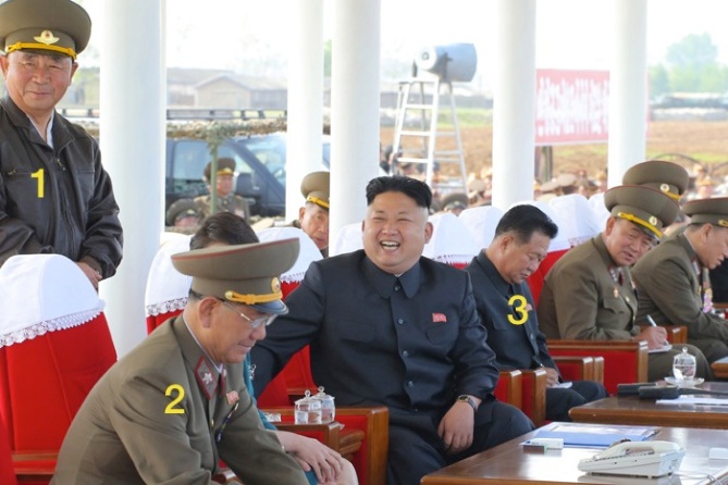 Kim Jong Un at the air drill competition.  Also in attendance are KPA Air and Anti Air Force Commander Gen. Ri Pyong Chol (1), KPA General Political Department Director Mar Hwang Pyong So (2) and WPK Secretary (and former KPA General Political Department Director) Choe Ryong Hae (3) 