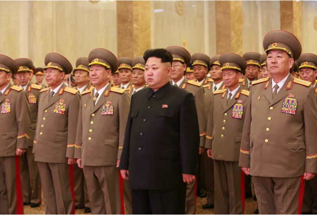 Kim Jong Un visits the Ku'msusan Palace of the Sun in Pyongyang on February 16, 2015.  Also in attendance (L-R) are Gen. Ri Yong Gil (Chief of the KPA General Staff), VMar Hwang Pyong So (Director of the KPA General Political Department) and Gen. Hyon Yong Chol (Minister of the People's Armed Forces).