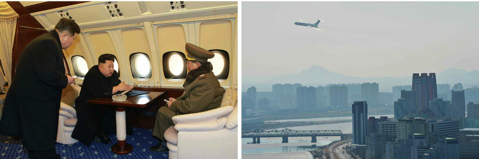 Kim Jong Un discusses the construction of Mirae Scientists Street on his personal plane with Han Kwang Sang (Director of the WPK Finance and Accounting Department) and VMar Hwang Pyong So (Photos: Rodong Sinmun).