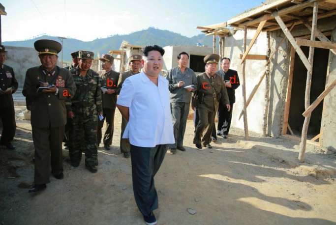 Kim Jong Un tours flood recovery efforts in Raso'n. Also in attendance are Gen. Pak Yong Sik (a.). Lt. Gen. Ryom Chol Song (b.) Jong Un's head of security (c.) and Jo Yong Won (d.) (Photo: Rodong Sinmun).