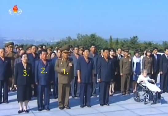 Minister of the People's Armed Forces Gen. Pak Yong Sik (1.), senior DPRK officials and the family of Ryu Kyong Su (1915-1958) stand before Ryu's memorial bust at the Revolutionary Martyrs' Cemetery. Also in attendance are WPK Secretary for Light Industry O Su Yong (2), Director of the WPK Party History Institute Kim Jong Im (3) and deputy director of the WPK Finance and Accounting Department Jon Il Chun (second row, left) (Photo: KCTV).