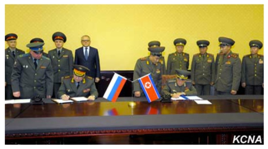 Russian Federation Armed Forces 1st Vice Chief of the General Staff Col. Gen. Nikolai Bogdanovski (left) and Vice Chief of the KPA General Staff Col. Gen. O Kum Chol (right) sign an agreement on what Russian media said is "the prevention of dangerous military activity" (Photo: KCNA).