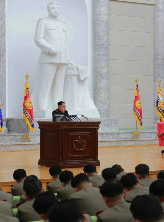 Kim Jong Un addresses senior KPA command personnel at conference room at the Ministry of People's Armed Forces (North Korea's defense ministry) (Photo: KCNA).