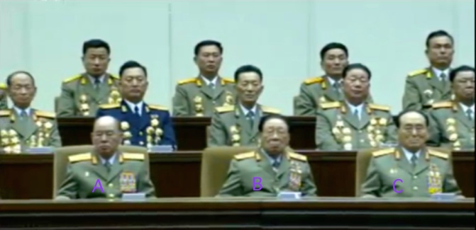 Chief of the KPA General Staff General Ri Myong Su (A), National Defense Commission Vice Chairman VMar Ri Yong Mu (B) and National Defense Commission Vice Chairman General O Kuk Ryol [C] on the platform for the central report meeting marking KJI's birthday (Photo: KCTV screen grabs).
