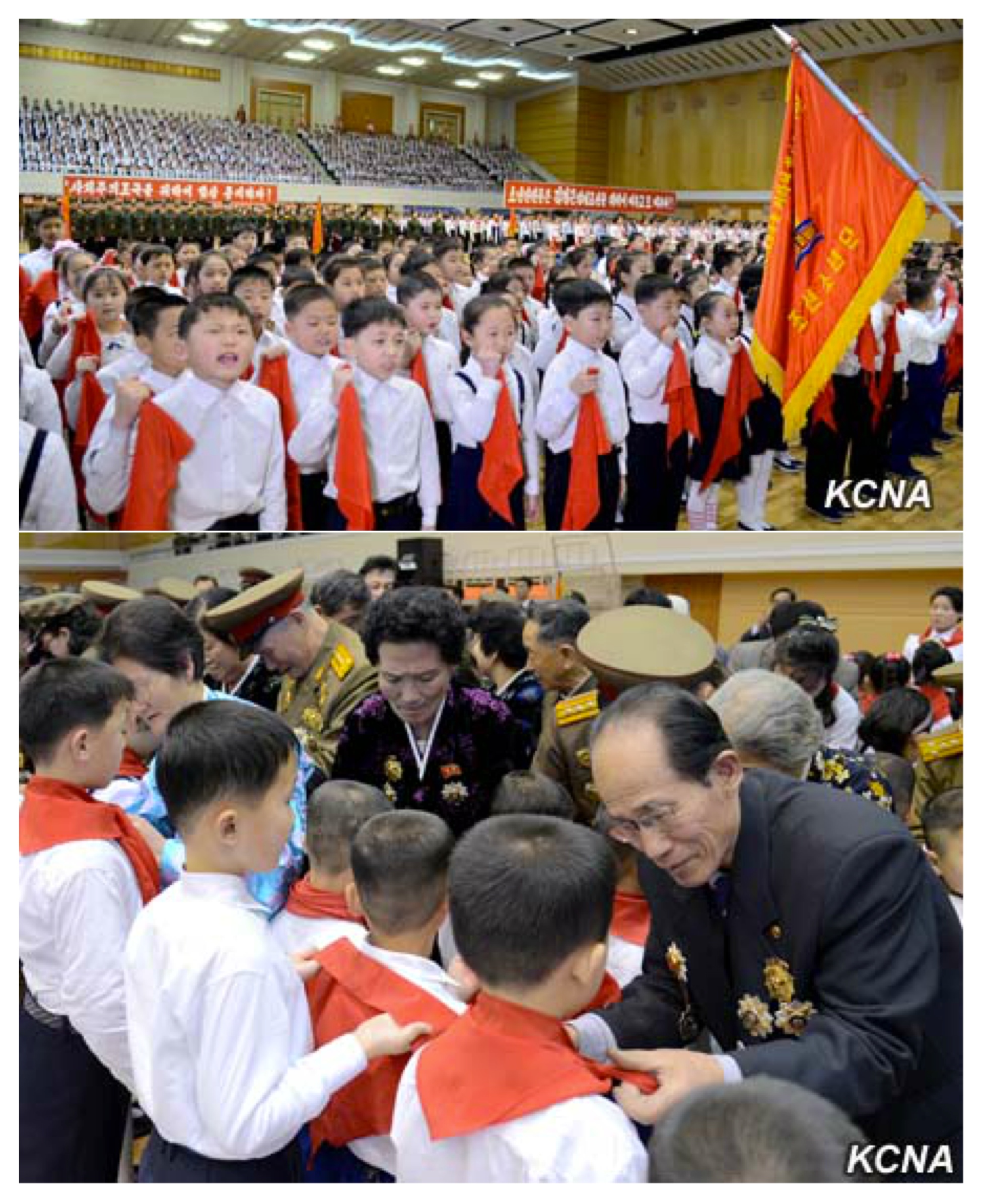 Inductees of the Korean Children's Union at a February 16, 2016 ceremony in Pyongyang (top) and the induction ceremony (bottom) (Photos: KCNA).