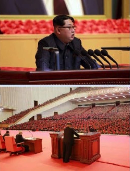 Kim Jong Un addresses a joint expanded meeting of the WPK Central Committee and KPA Party Committee at the April 25 House of Culture in Pyongyang (Photos: KCNA).