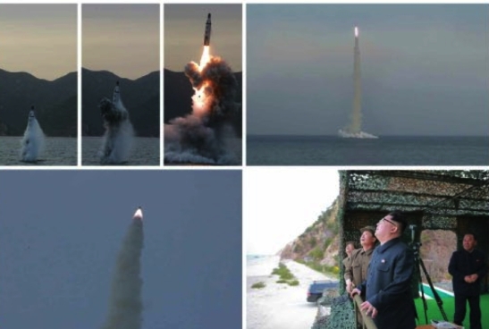 Test firing of a submarine-launched ballistic missile (Photos: Rodong Sinmun/KCNA).