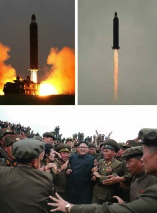 Photos from bottom right of page 2 of the WPK daily newspaper Rodong Sinmun show the Hwaso'ng-10 (Musudan) IRBM test and Kim Jong Un greeting personnel involved in the test (Photos: Rodong Sinmun/KCNA).