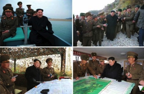 Photos which appeared on the bottom-left of the November 11, 2016 edition of Rodong Sinmun show Jong Un's arrival to the islet and briefings and reviewing the unit's plans and preparedness (Photos: Rodong Sinmun/KCNA).